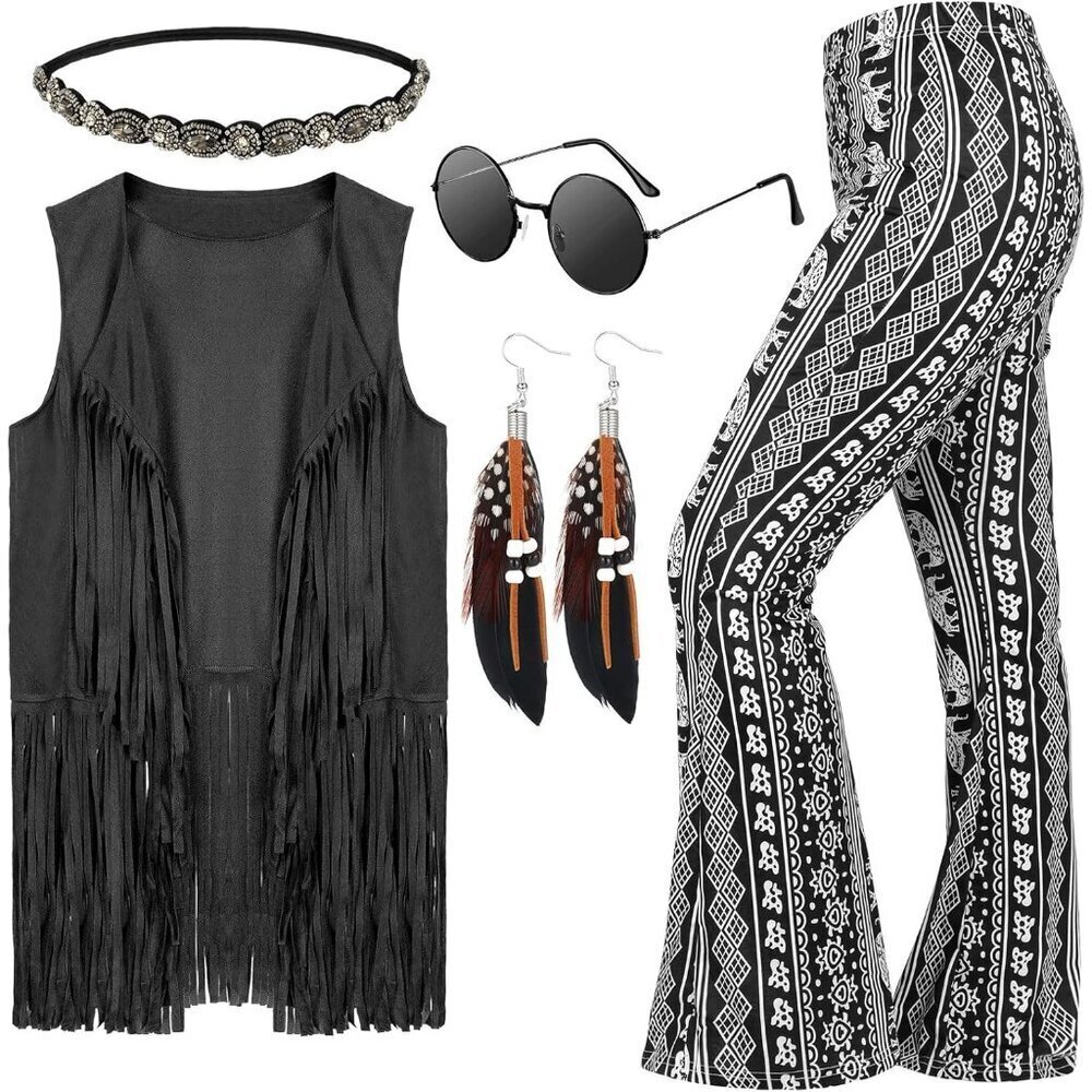 Women Costume Set Faux Suede 70s Boho Flared Pants Fringe Vest Accessories